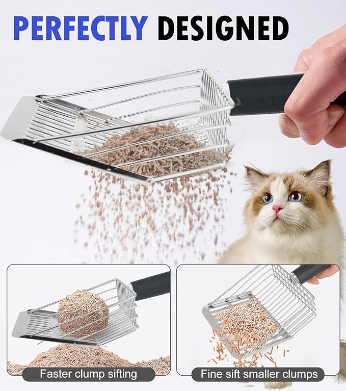 2PCS Cat Litter Scoop, Solid and Durable Kitty Metal Scooper, Stainless Steel Sifter, Heavy Duty, for Litter Box, Black Rubber Handle, Included Stainless Steel Hook