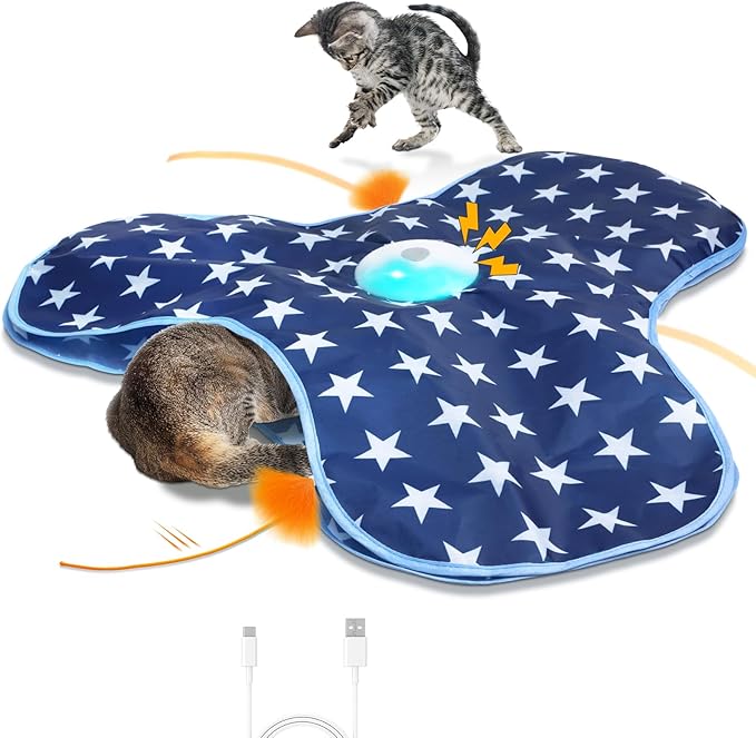 Interactive Cat Toy Rechargeable, Cat Exercise Toys for Indoor Bored Adult Cats, Hide and Seek Toy with Motion Activated, Moving Feather, Chirping