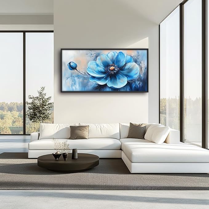 Extra Large Abstract Blue Flower Framed Wall Art for Living Room,Oversized Elegant Floral Pictures Wall Decor,Canvas Print Painting Modern Artwork Bedroom Office Bathroom 60L" x 30W"