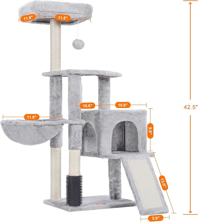 Heybly Cat Tree with Cat Self Groomer Brush, Cat Tower Condo for Indoor Cats with Padded Plush Perch, Cat House with Basket Scratching Board Post, Light Gray HCT005SW