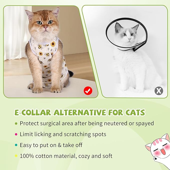 2 Packs Cat Surgery Recovery Suit Surgical Clothes Abdominal Wounds Anti-Licking Cat Bodysuit Onesie Substitute E-Collar& Cone