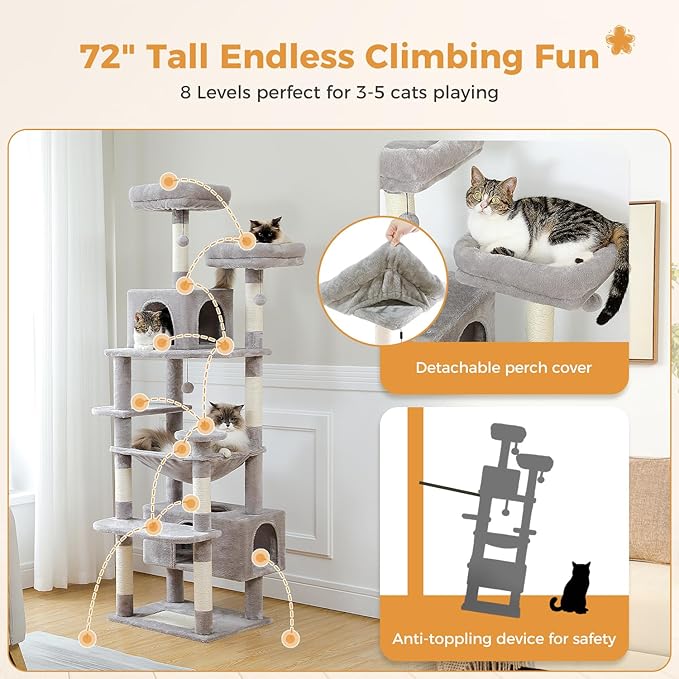 PAWZ Road Large 72 Inch Cat Tree and Tower for Indoor Cats - With Sisal-Covered Scratching Posts, Padded Perches, Condos, and Basket - Gray