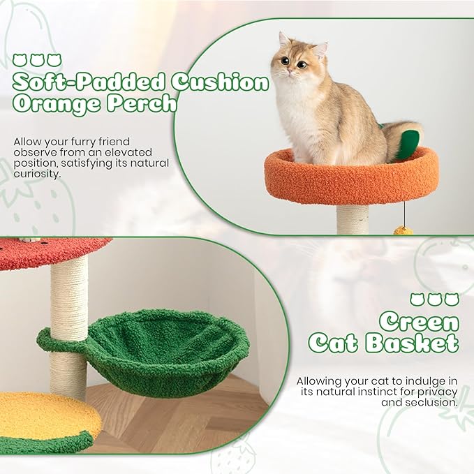 Happy & Polly Cute Cat Tree - 40.5" Fruit World Cat Tower for Indoor Cats, Cat Tree Condo with Sisal Scratching Posts, Cozy Hammock, Plush Strawberry Perches, Kitten Cat Trees Towers Activity Center