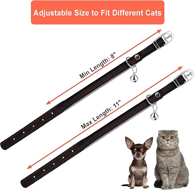 OOPSDOGGY Rolled Leather Cat Collar with Bell, Reflective Kitten Collars with Buckle Include Safety Elastic Strap - Adjustable Small Pet Collars for Boy Girl Cats (Dark Brown)