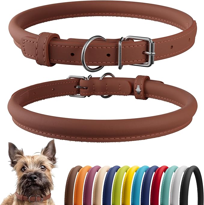 CollarDirect Rolled Leather Dog Collar, Soft Padded Round Puppy Collar, Handmade Genuine Leather Collar Dog Small Large Cat Collars 13 Colors (6 Inch, Cinnamon Smooth)