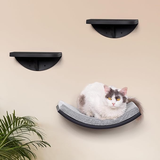 Curved Cat Wall Hammock Bed with Grey Foam Cushion – Floating Cat Wall Shelf Nest for Climbing, Sleeping & Lounging