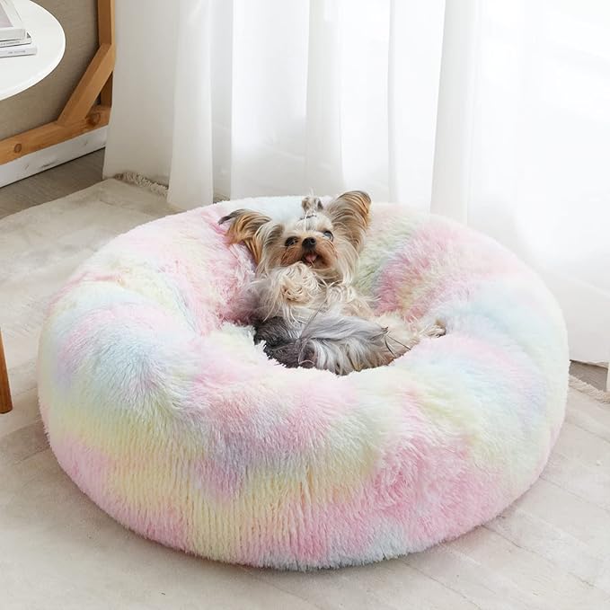WNPETHOME Calming Dog Bed Cat Bed Donut, Faux Fur Pet Bed Self-Warming Donut Cuddler, Comfortable Round Plush Dog Beds (24 x 24 x 8 Inch, Rainbow)