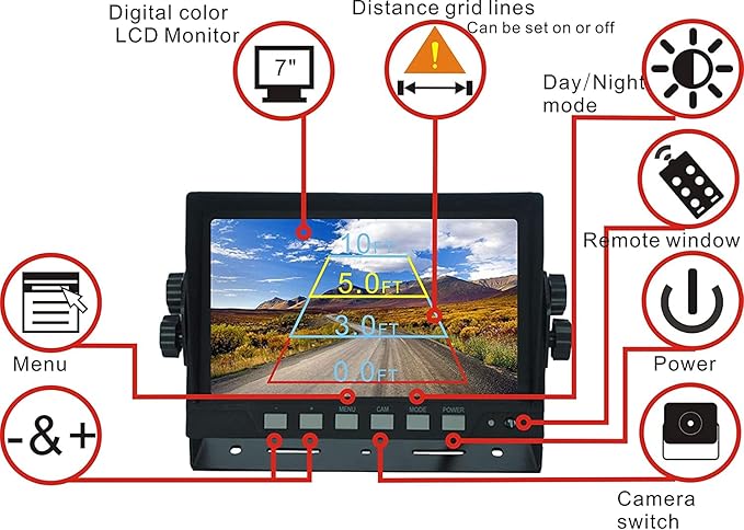 AHD 1080P 7" Wired Reverse Rear View Backup Camera System,Guide line,IP69K Waterproof IR Night Vision Camera, for Tractor/Truck/RV/Excavator/Caravan/Skid Steer/Heavy Equipment