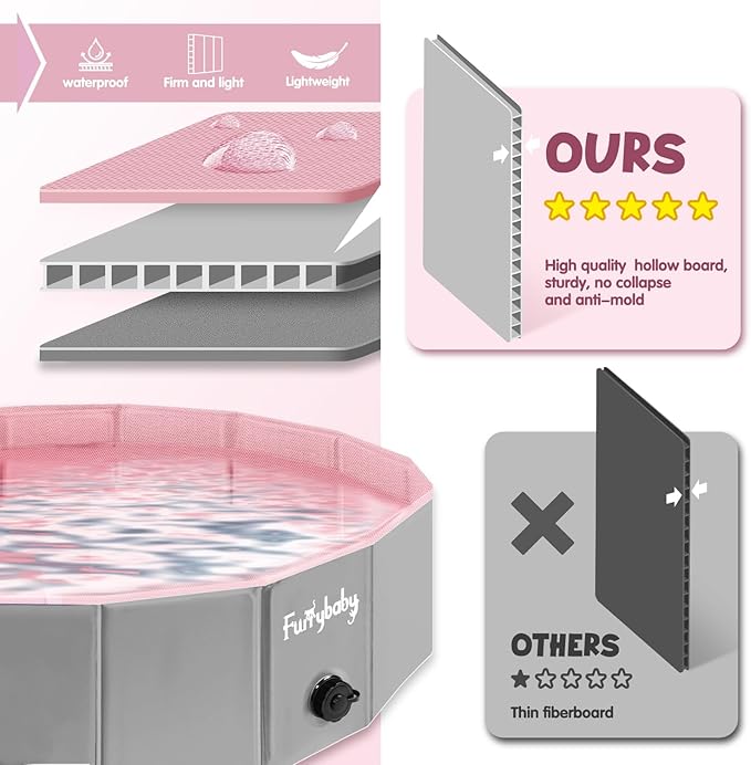 Furrybaby Dog Pool, Kiddie Pool with Hard Plate Collapsible Pet Bath Foldable Swimming Pet Pool Portable Pink 39''