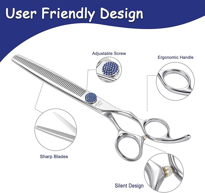 7'' Dog Grooming Scissors CNC 440C Blades Sharp and Durable Polished Thinning Dog Shears with Blue Diamond Adustable Screws Easy to Use for Groomer and Home User