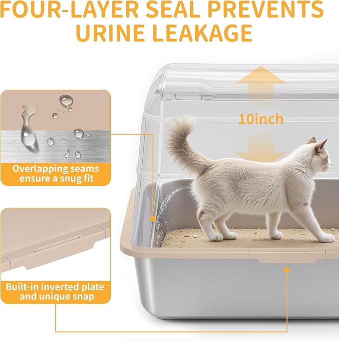 Stainless Steel Litter Box with Lid, XL Extra Large Cat Litter Box, Enclosed Metal Litter Pan with High Sided Enclosure & Scoop, Anti Leakage, Easy to Clean, Odor Control(Khaki)