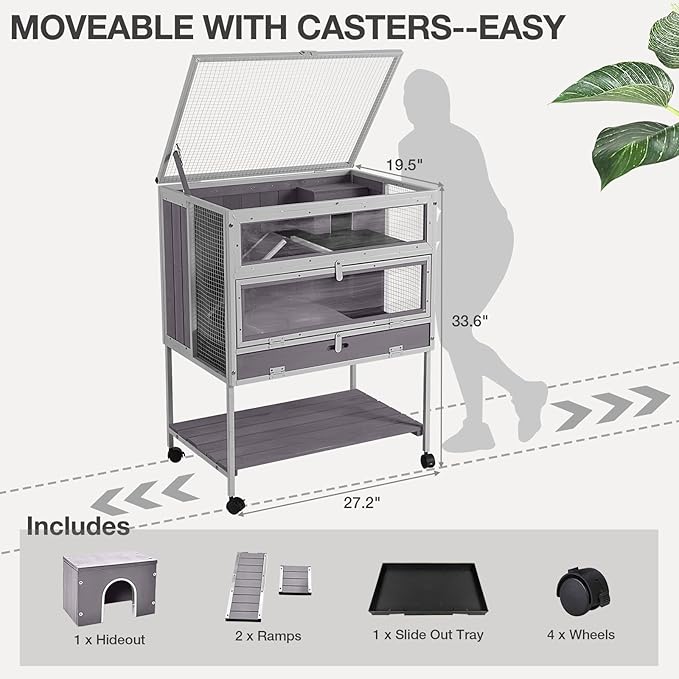 Guinea Pig Cage, Moveable Metal Frame Hamster Cage Anti-Chewing with Aluminium Alloy Edge, Hideouts, Ramps, Seesaws Chewing Toy, Deeper Pull-Out Leakproof Tray for Indoor Outdoor（White）