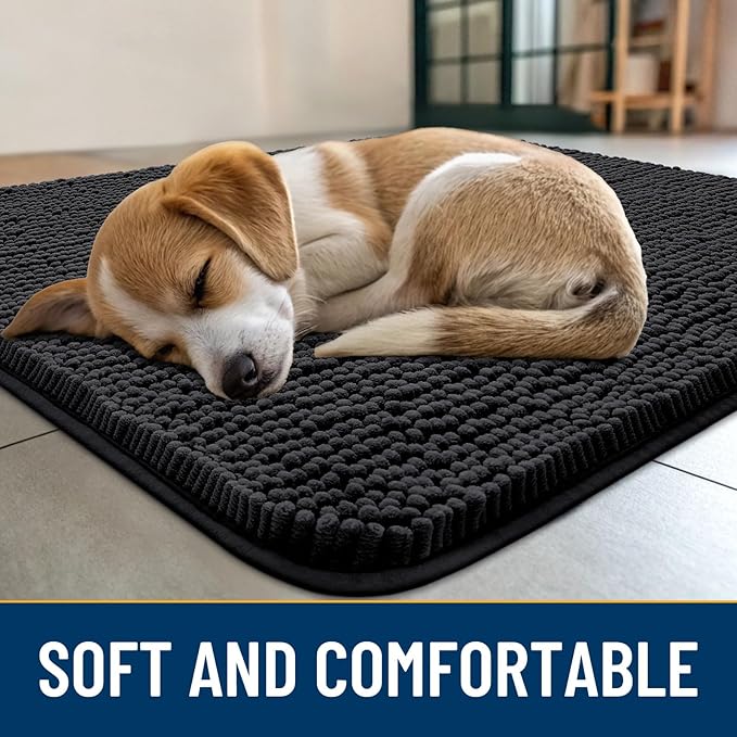 Smiry Dog Door Mat for Muddy Paws 30x20, Absorbs Moisture and Dirt Doormat, Non-Slip Washable Quick Dry Chenille Front Door Mat Indoor Entrance, Entryway Carpet for Inside Floor, Black