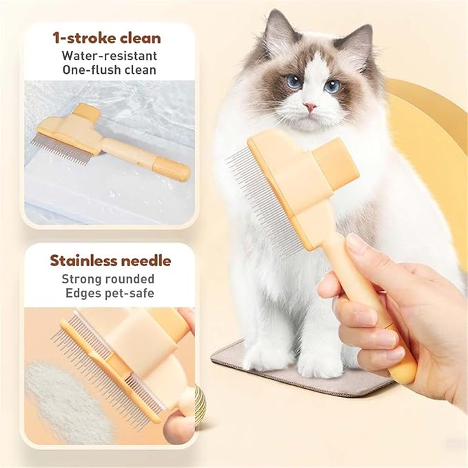 Avatore Zenbrush Cat Comb, Zen Brush for Cats, 2025 Upgraded Cat Brush with Release Button, Flea Comb for Cats, Click Self Cleaning Pet Hair Removal Combs (Yellow*2)