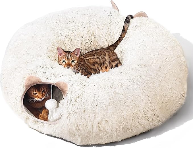 Cat Tunnel with Cat Bed for Indoor Cats, Soft Plush Peekaboo Cat Cave Donut Tunnel, Multifunctional Playground Toys Hideplace for Small Medium Large Kittens, Rabbit, Ferret (Cream White)