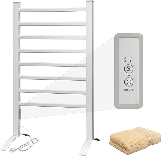 KEG Towel Warmer 8 Bars for Bathroom Freestanding or Wall Mounted Bath Towel Heater Plug-in with Built-in Timer Silver