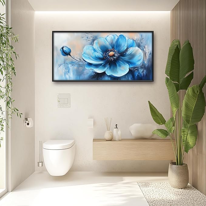 Extra Large Abstract Blue Flower Framed Wall Art for Living Room,Oversized Elegant Floral Pictures Wall Decor,Canvas Print Painting Modern Artwork Bedroom Office Bathroom 60L" x 30W"