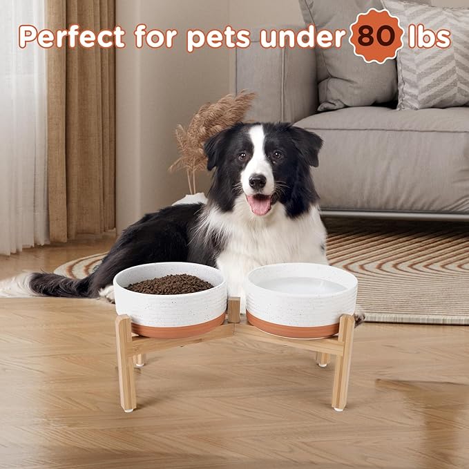 SPUNKYJUNKY Elevated Dog Bowls Ceramic, 7.3'' Dogs Food Water Bowls Raised with Non-Slip Bamboo Stand for Medium to Large Sized Breed Microwave Dishwasher Safe - 42 OZ,Pattern White