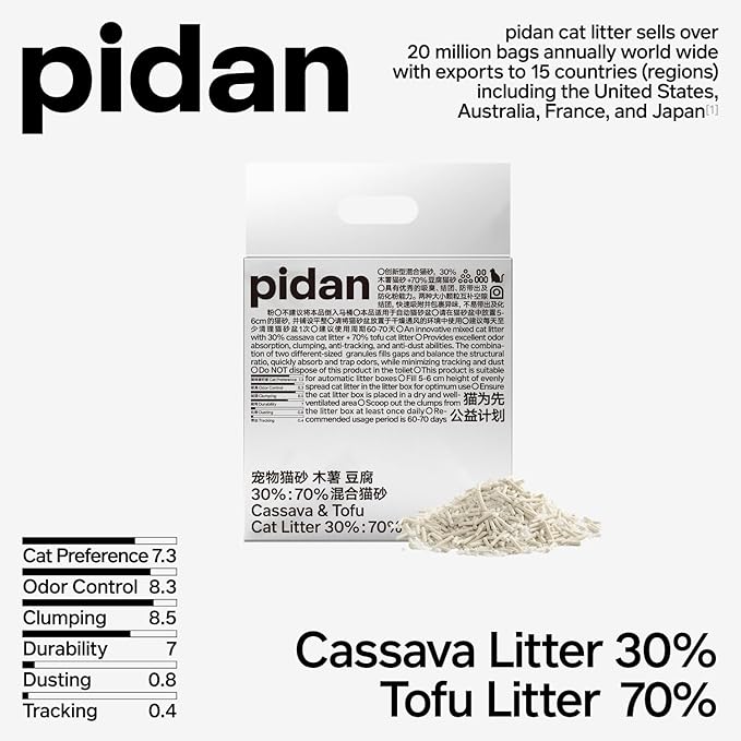 pidan Cassava Cat Litter with Tofu Litter clumping,Odor Control,Plant-Based Natural Ingredients,Ultra Absorbent and Fast Drying,Low Dust,Scented (5.3lb×2bags)