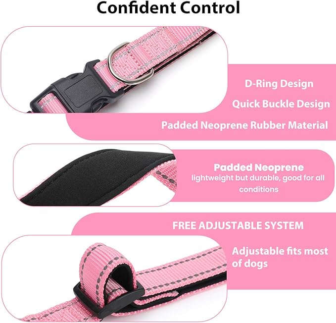 Reflective Dog Collar Padded with Soft Neoprene Breathable Quick Release Basic Dog Collars for Puppy Extra Small Dogs Pink Girl
