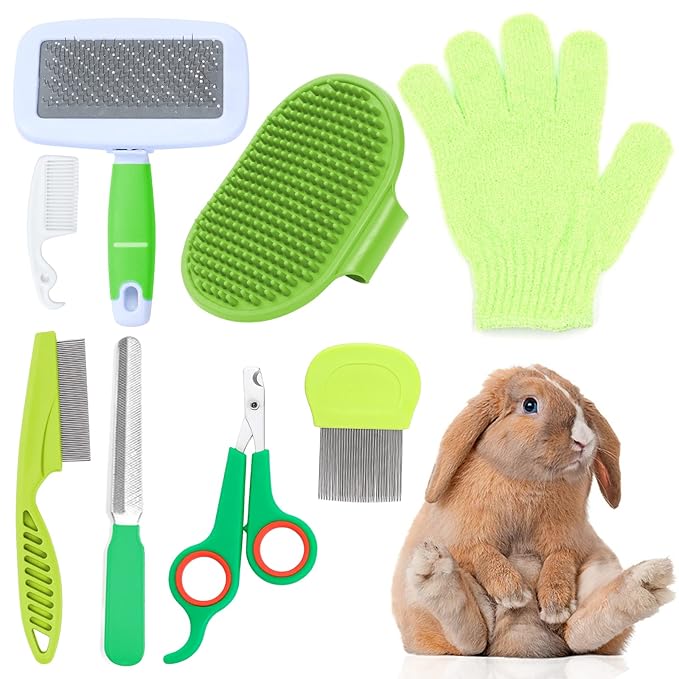 VCZONE 8 Pcs Small Animal Grooming Kit, Pink with Pet Nail Clipper and File, Flea Comb, Pet Shampoo Bath Brush, Pet Shedding Slicker Brush, Bath Massage Glove, Cleaning Comb (Green)