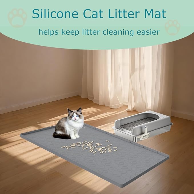 Cat Litter Mat for Litter Box, Silicone Large Cat Litter Trapping Mat - 34x22 in, Waterproof & Non-Slip, Durable & Easy Clean, Gray