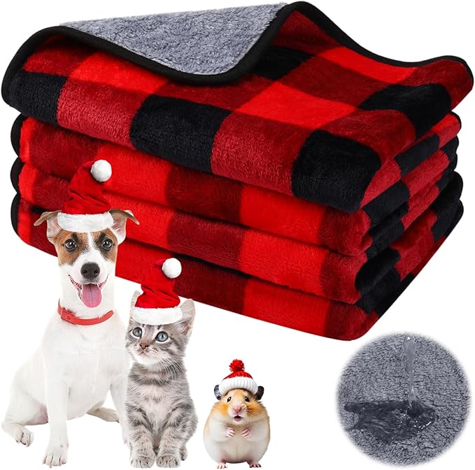 Reginary 4 Pcs Waterproof Guinea Pig Blankets Washable Small Animal Fleece Bedding Absorbent Guinea Pig Cage Liners Reusable Pet Pee Pad Sleep Mat for Hamster Ferret (Red Plaid,24 x 16 Inch)