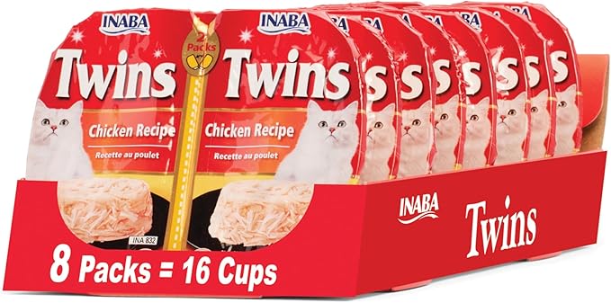 INABA Twins for Cats, Side Dish/Topper Cups, 1.23 Ounces per Serving, 16 Servings, Chicken Recipe