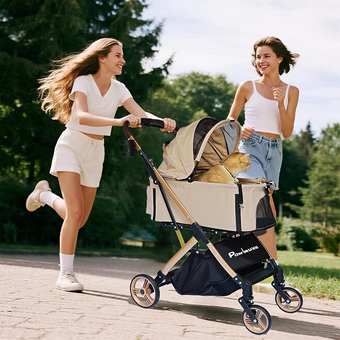 Pet Stroller for Small & Medium Dogs Cats up to 55 lbs 4-in-1 Foldable Travel Pet Stroller with Detachable Carrier Lightweight All-Terrain Spring Damping,Car Seat,Sun Canopy,Khaki