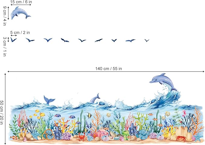 decalmile Under The Sea Seaweed Grass Wall Decals Dolphins Fish Ocean Wave Baseboard Skirting Line Wall Stickers Kids Bedroom Bathroom Wall Decor