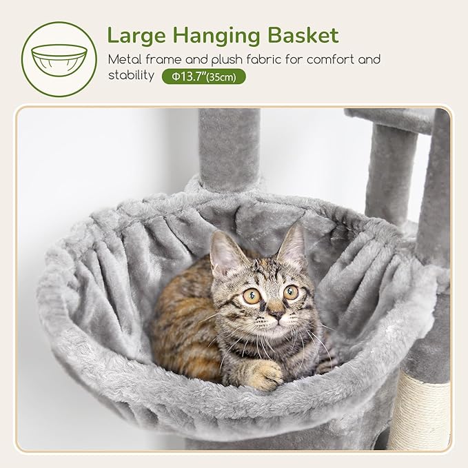 Globlazer Large Cat Tree Tower, Tall Cat Tree Condos for Indoor Cats Large Adult Cat Climbing Tower with 2 Spacious Caves, Oversized Top Perch, Big Hanging Basket, Cat Teaser Wand, F74B, Light Grey