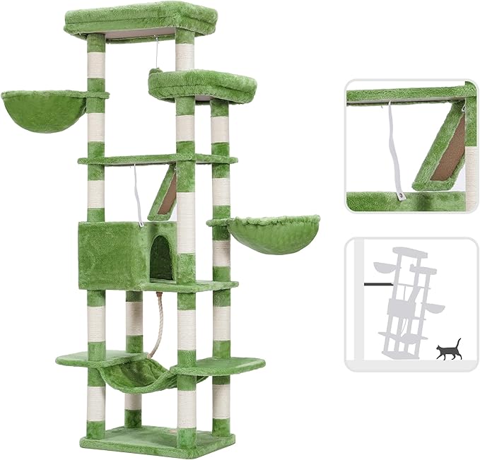 Heybly Cat Tree, 68 inch Multi-Level Cat Tower for Indoor Cats, 2 Widened Plush Perches Cat Condo with Scratching Board and Big Caves, Green HCT025GR