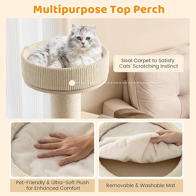 Tangkula Wood Cat Tree, 47 Inch Multi-Layer Cat Tower with 5.7” Thicker Sisal Covered Scratching Posts & Carpet, Padded Top Perch, 2 Jumping Platforms, Hammock, Modern Cat Tree Tower for Indoor Cats
