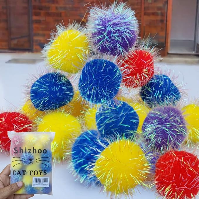 20 Pieces 2 inches Sparkle Pom Pom Balls for Cat - Interactive Glitter Balls, Multicolor, Best as Kitten Play Toys