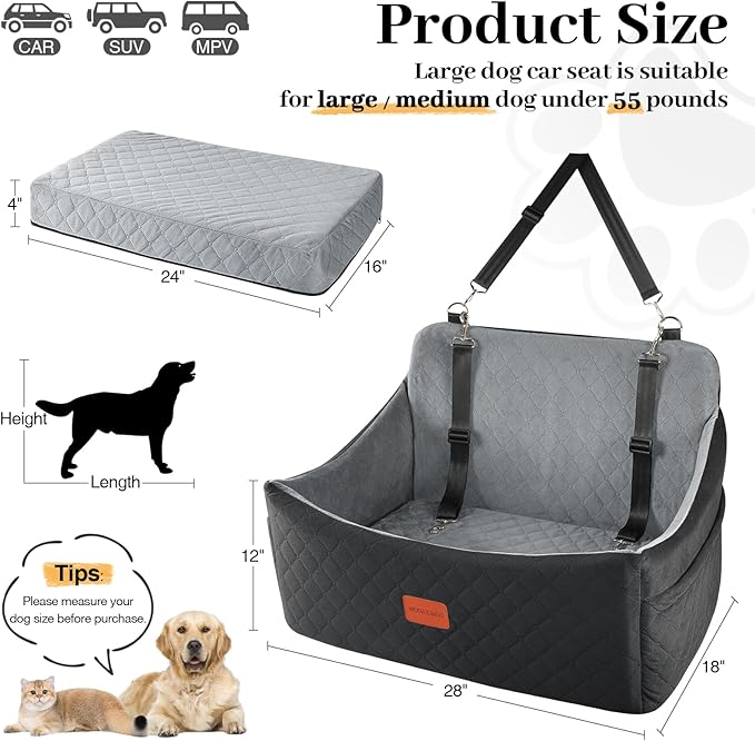 Dog Car Seat for Medium & Large Dogs Up to 55lbs, Memory Foam Cushion, Washable Cover, Safety Straps & Non-Slip Base(Black/Grey,Large)