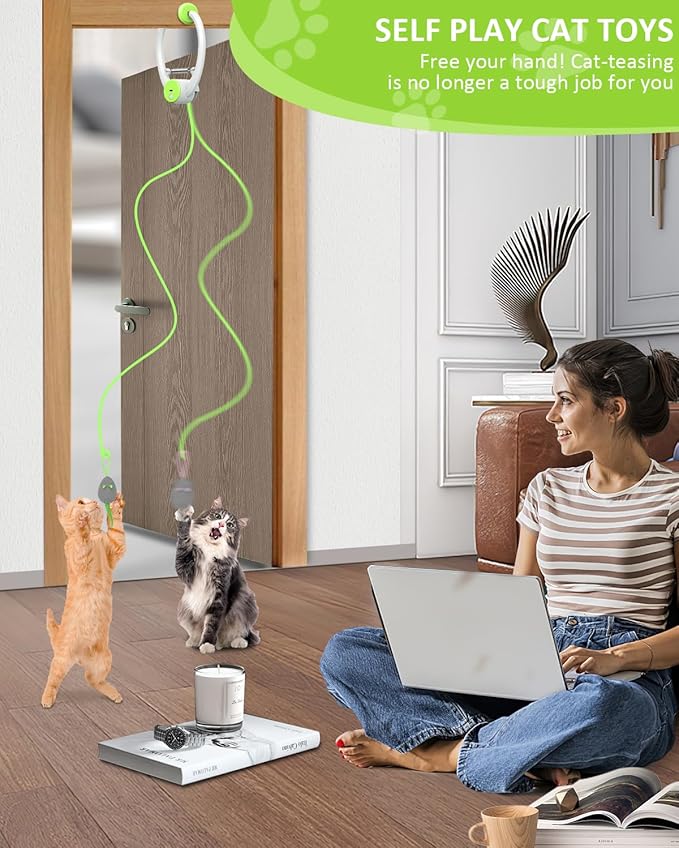 Cat Toy Interactive for Indoor Cats, Smart USB Rechargeable Door Hanging Automatic Retractable Kitten Toys, Teaser Electronic Self Play Feather Cat String Toy Attached with 3 Catnip Mice Green