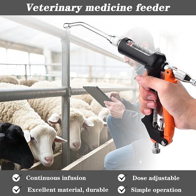 30ML Veterinary Metal Feeding Gun, Continuous Drench Gun Dosing Device Veterinary Adjustable Medicine Dispenser Husbandry Autonomous Feeding Tool, Pig Cattle, Sheep, Horse for Drench Gun