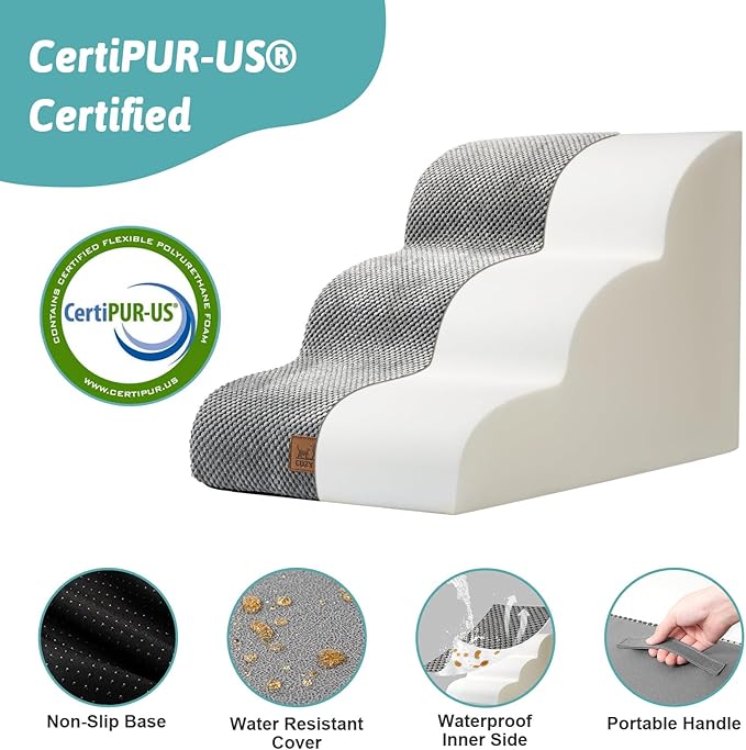 Dog Stairs for Small Dogs 15.7" H, Curved Dog Step for Puppy, Older Cat, Medium Pet Ramp for Sofa, Couch or Bed, Ladder with High Density Foam, 15.7x22.4x15.7 inch, 3 Step, Grey