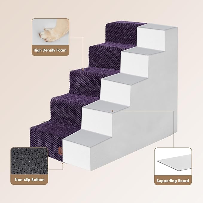 EHEYCIGA Dog Stairs for High Bed 22.5" H, 5-Step Dog Steps for Bed, Pet Steps for Small Dogs and Cats, Non-Slip Balanced Pet Ramp Indoor, Purple