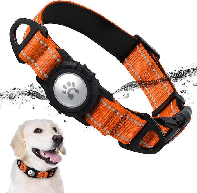 TagME Airtag Dog Collar,Waterproof Reflective Pet Collar with Airtag Holder,Soft Padded and Double D-Rings for Large Dogs,Orange