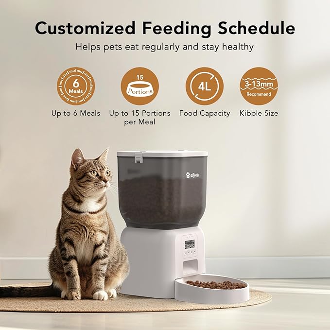 Automatic Dog & Cat Feeder, with Freshness Preservation, 4L Timed Cat Feeder with LCD Screen.Up to 6 Meals Per Day and 1-15 Portion for Cats & Dog (White)