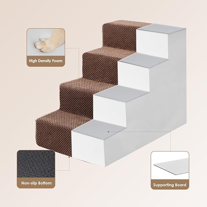 EHEYCIGA Dog Stairs for Bed 18" H, 4-Step Dog Steps for High Bed, Pet Steps for Small Dogs and Cats, Non-Slip Balanced Pet Indoor Ramp, Brown