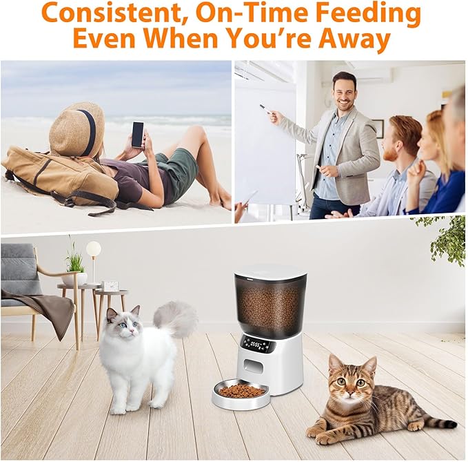 Automatic Cat Feeder, Cat Food Dispenser with Stainless Steel Bowl, Timed Portion Control 20 Portions 6 Meals Per Day, Voice Recorder, Dual Power Supply for Small Dogs (White)
