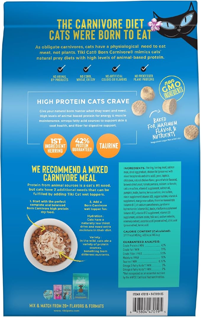 Tiki Cat Born Carnivore High Protein Dry Cat Food, Herring & Salmon Meal, 11.1 lbs. Bag