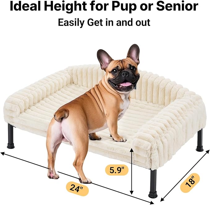 Veehoo Elevated Dog Bed with Bolster Cushion, Fluffy Plush Dog Couch Beds for Small Dogs, Cats, Washable Raised Pet Cot with Non-Slip Feet for Indoor or Patios Use, 24 x 18 Inches, White