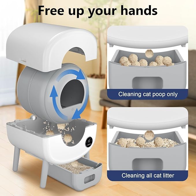 Cumrige Self Cleaning Litter Box, Large Capacity Automatic Cat Litter Box Self Cleaning for Cats, App Control,Safety Protection, 2 Roll Garbage Bags,White & Grey
