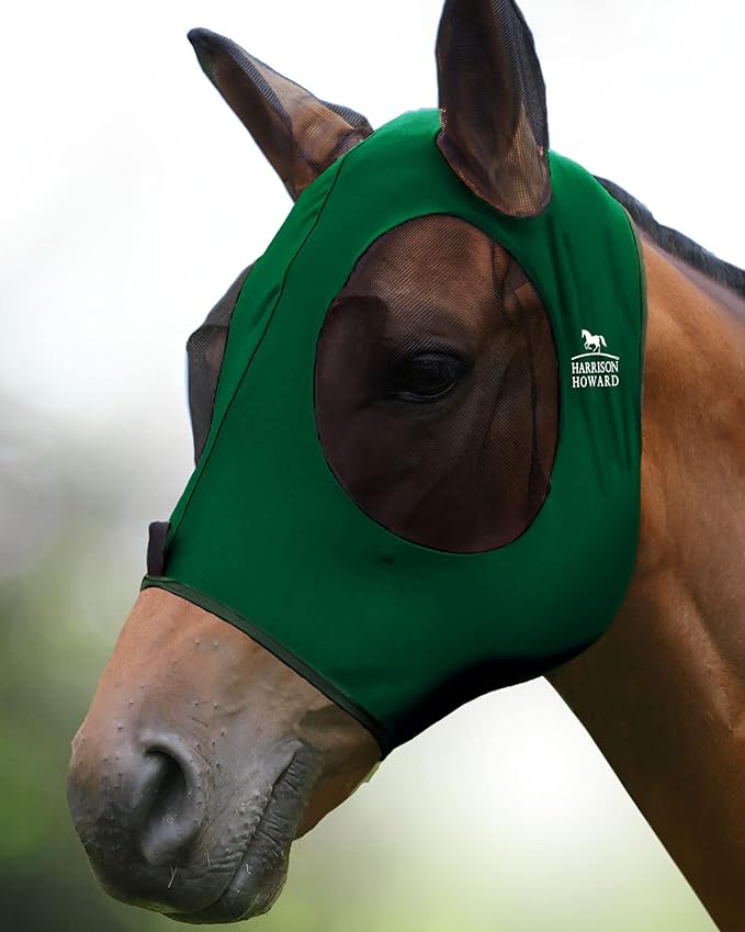 Harrison Howard Super Comfort Stretchy Fly Mask Large Eye Space with UV Protection Soft on Skin with Breathability Deep Green Extra Full Size
