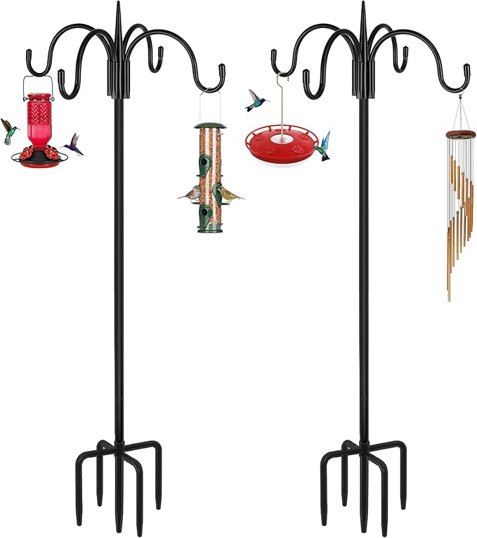 FEED GARDEN 76 Inch Four Shepherd Hooks for Outdoor,Bird Feeder Pole with 5 Prong Base, Adjustable Shepard Hooks for Hanging Plant, Solar Lanterns, Wind Chimes, 2 Pack