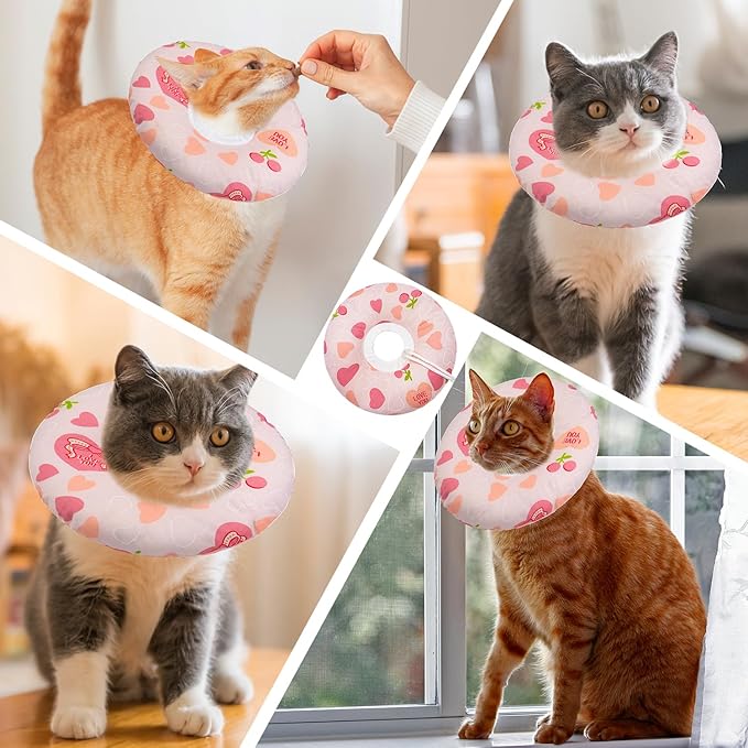 Cat Cone Soft Collar, Adjustable Cat Recovery Collar for Small Medium Large Cats, Cute Donut E Collar After Surgery, Anti-Lick Wound Healing Elizabethan Collar for Kittens (Pink Heart, Small)