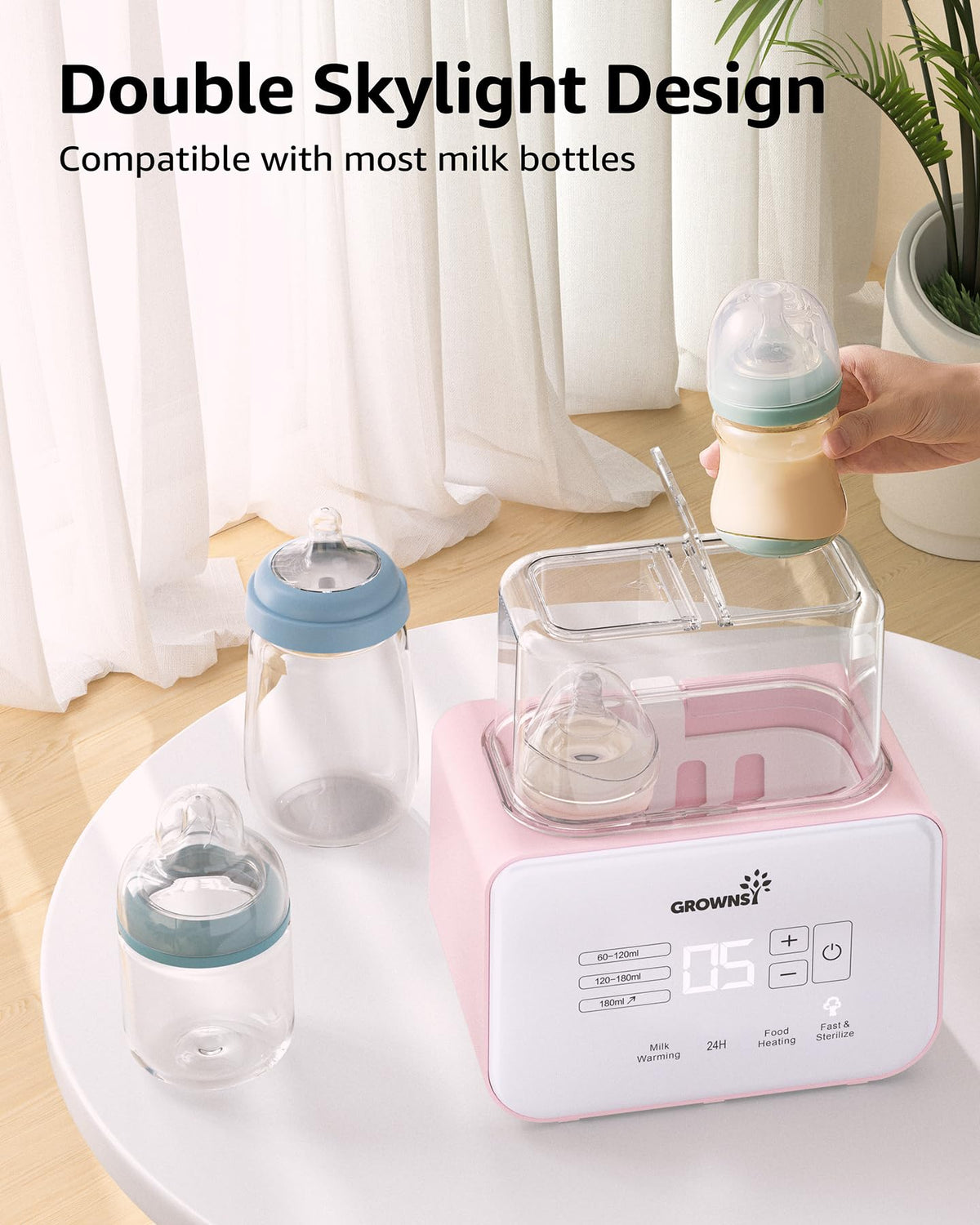 Baby Bottle Warmer, Grownsy 8-in-1 Fast Milk Warmer with Timer Breastmilk or Formula, Fits 2 Bottles, Accurate Temperature Control, with Defrost, Sterili-zing, Keep, Heat Baby Food Jars Function